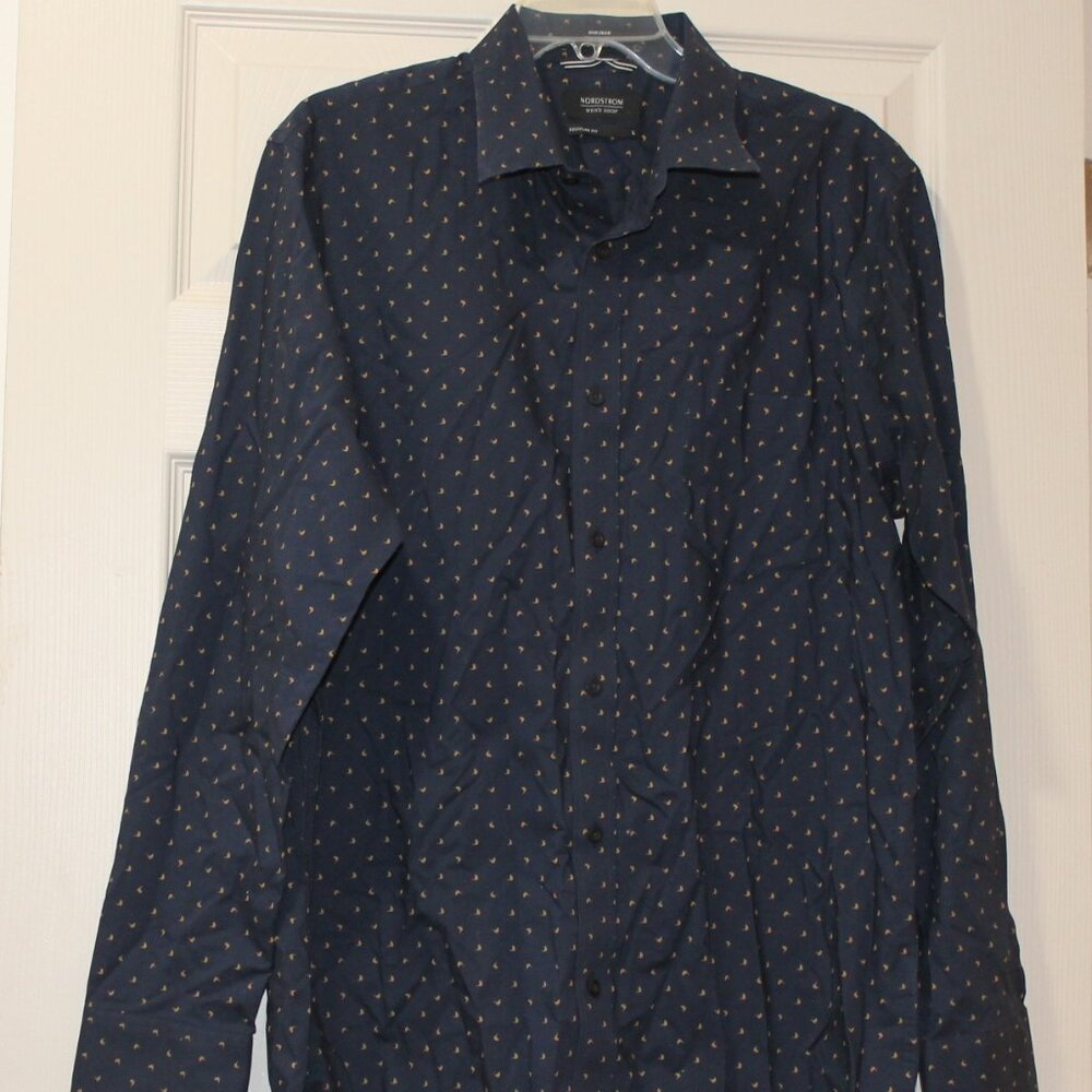 Nordstrom Mens Shop Navy Blue Regular Fit Non Iron Dress Shirt Sz Lg